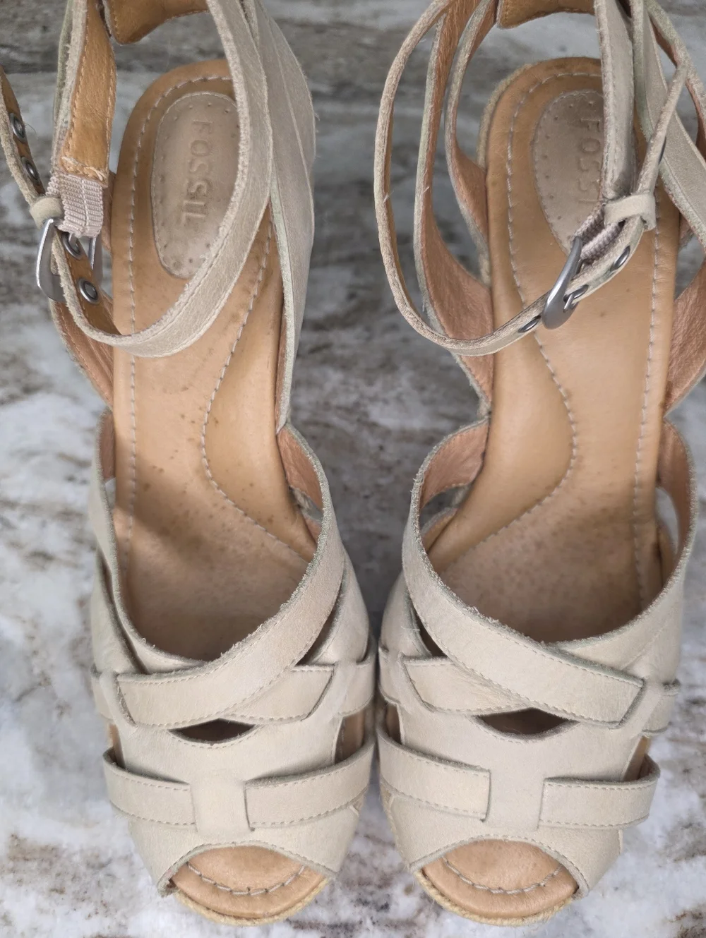 FOSSIL Buff Leather Ankle Strap Wedges Espadrille Sandals Sz 8